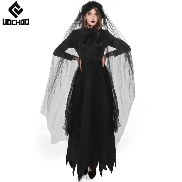 Black Ghost Bride Dress Witch Veil Halloween Cosplay Costume Women Demon Gown Suit Day of The Dead Robe Carnival Party Outfit 1