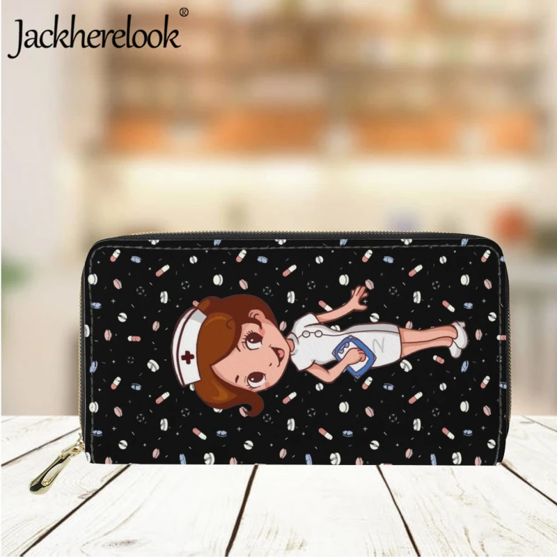 Jackherelook Women's Wallet Cartoon Nurse Pattern Printing Purse Long Leather Exquisite Wallets Card Holder Ladies Clutch Bag