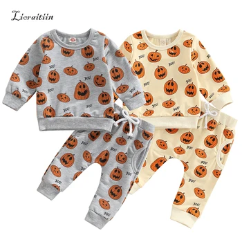 2022-06-13 Lioraitiin 0-3Years Baby Boys Girls Halloween Outfits Long Sleeve O Neck Pumpkin Print Tops Gray Drawstring Pants 1