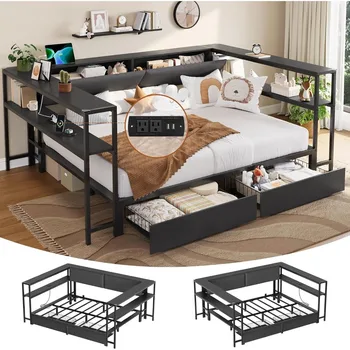 Corner Full Bed Frame with 2 Drawers and Hidden Storage Space Full Size Daybeds with Charging Station, Metal Platform Beds 1