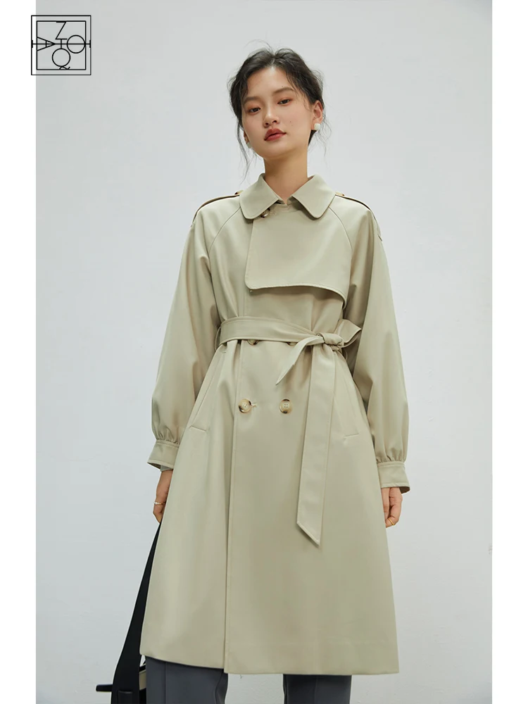 

ZIQIAO British Style Windbreaker Women Mid-length Spring Autumn Design Sense Casual Commuter Female Lace-up Trench Coats