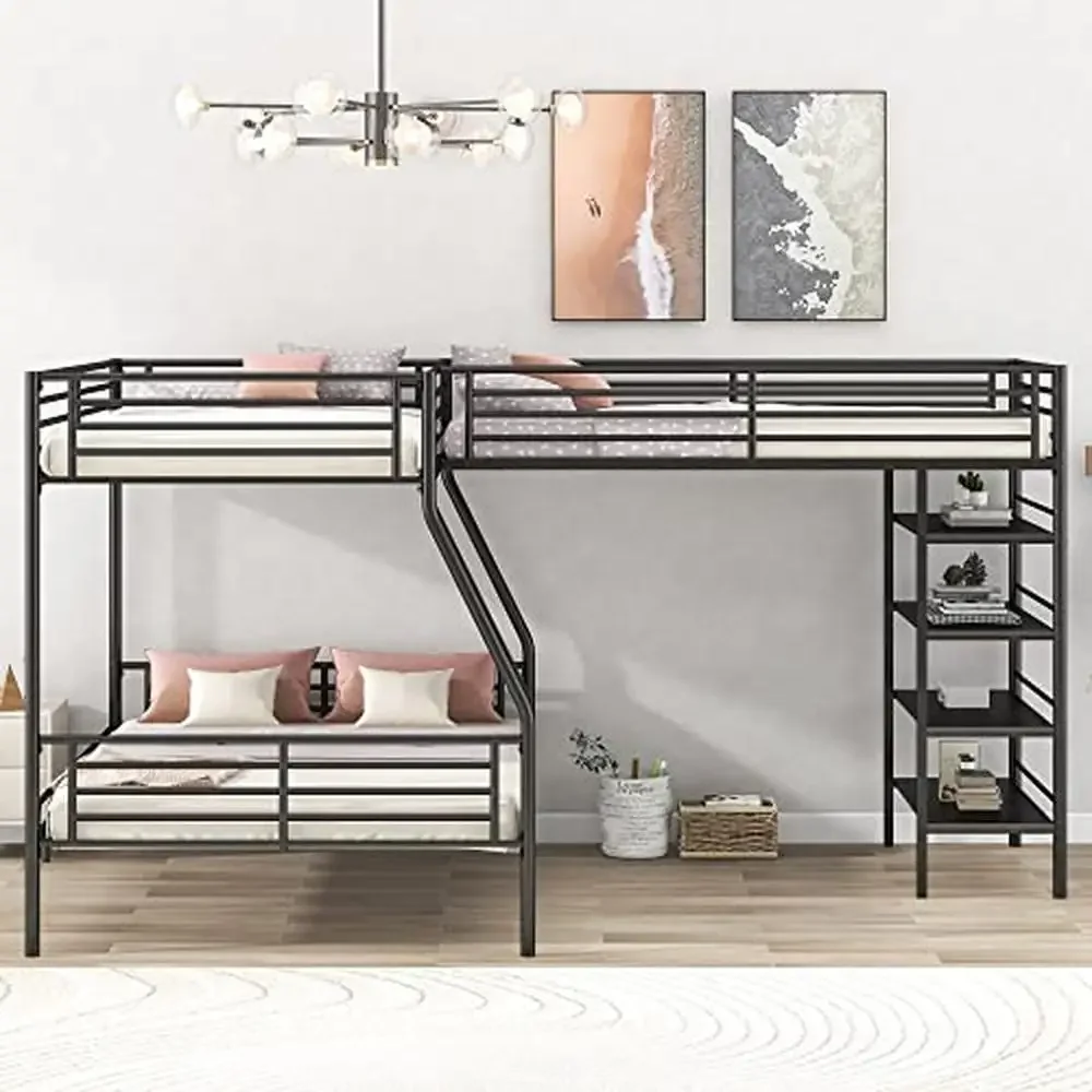L Shaped Metal Corner Bunk Bed with Loft Built in Shelves Twin Over Full No Box Spring Needed 117.2 L x 77.5 W x 62.9 H