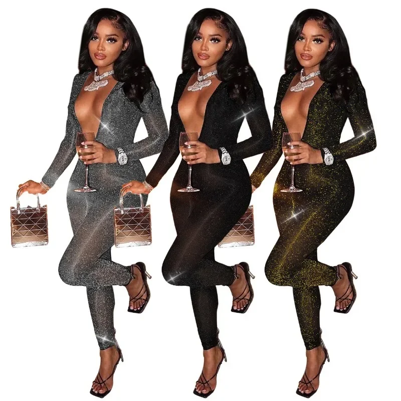 Solid Bright Silk Skinny Jumpsuit Women Autumn Sexy Deep V Long Sleeve High Waist Backless Bodycon Rompers Trends Club Partywear