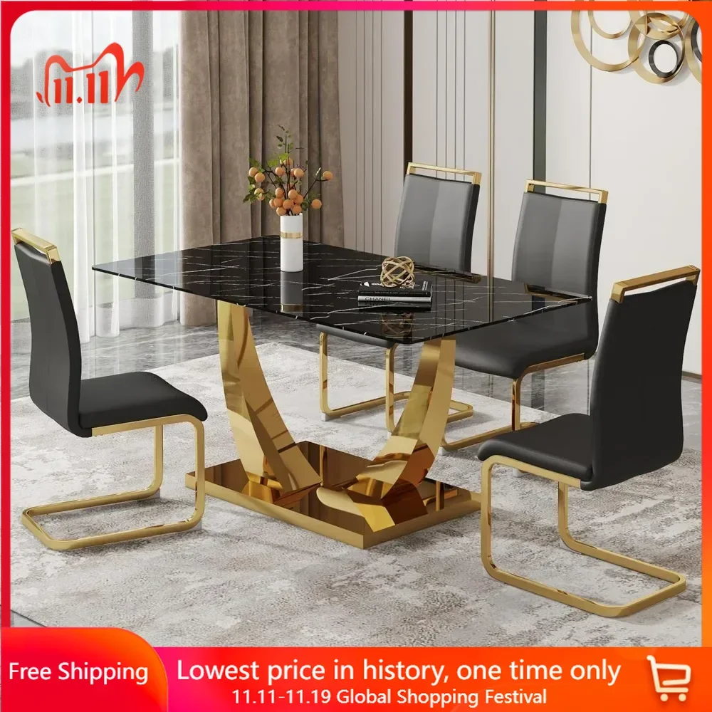 63&rdquo; Dining Room Sets for 4, Rectangle Faux Marble Kitchen Table, Empered Glass Top Golden Base, PU Leather Chairs, Dining Sets