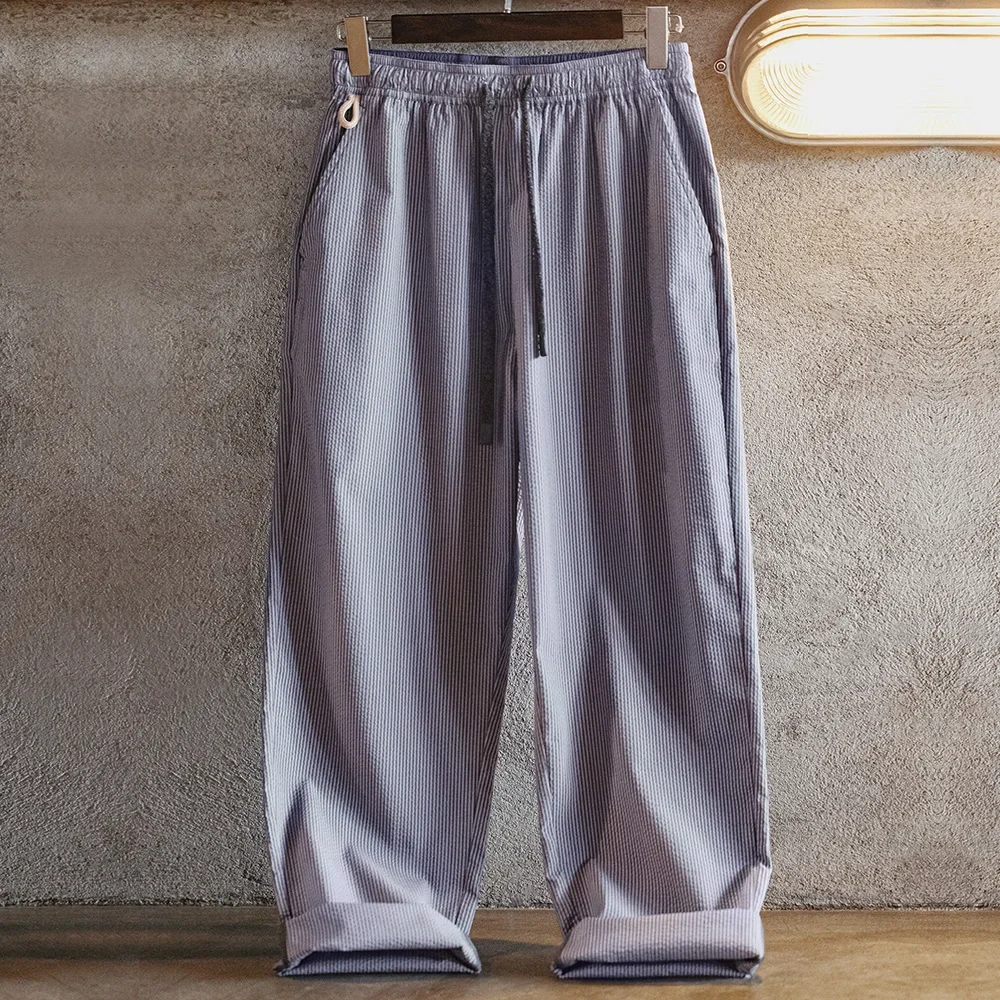 Maden Easypants Seersucker Striped Casual Pants Elastic Waist And Drawstring Design Iron-free Straight Trousers Men casual pants