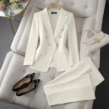 2026 Office Blazers Two-piece Suit Women's Casual Sets Spring Autumn Slim Double-breasted Coat Straight Trousers 2-piece Sets 1