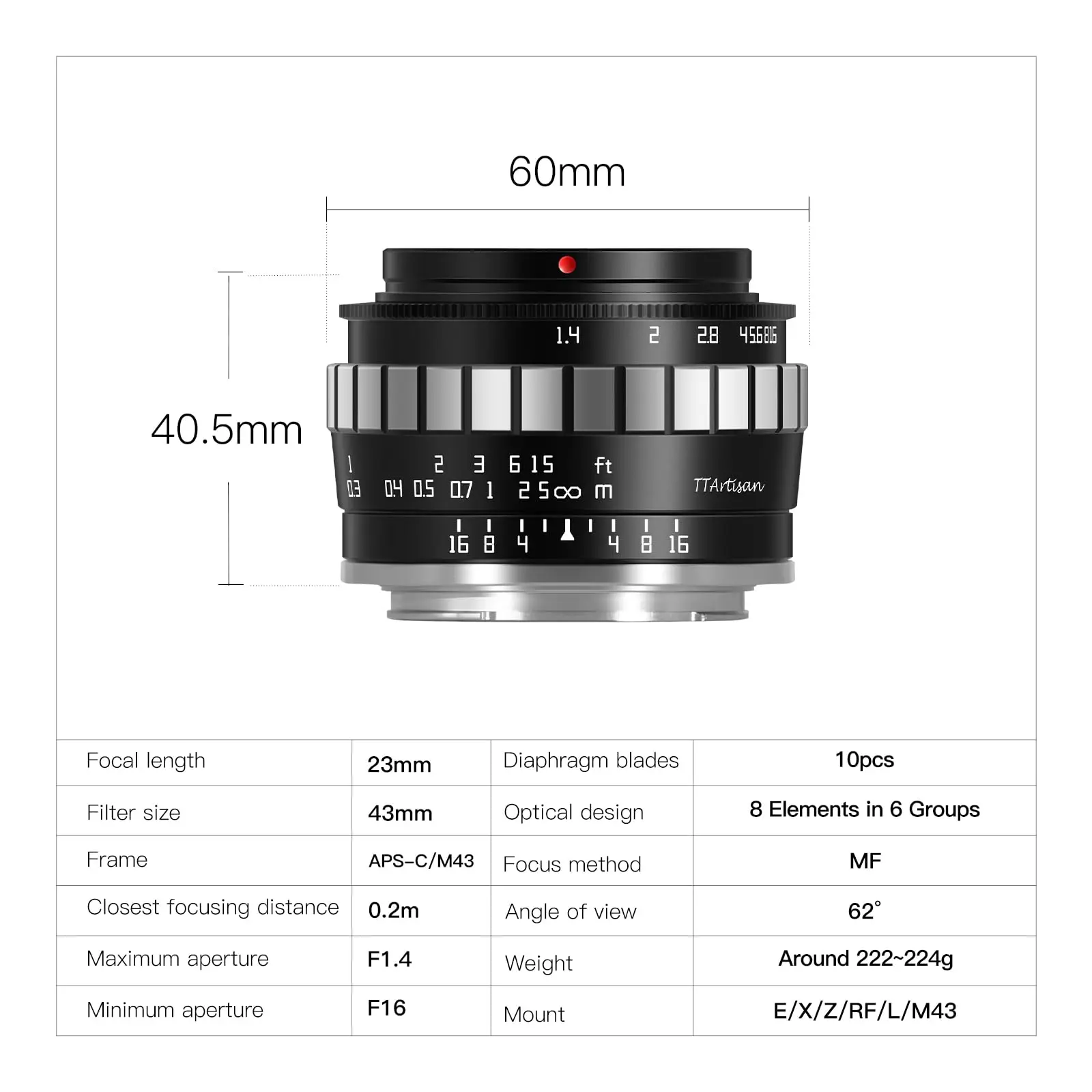 TTArtisan 23mm F1.4 APS-C 수동 초점 카메라 렌즈 E 라이카 L 시그마 L 후지 X 캐논 RF 니콘 Z M43 마운트용