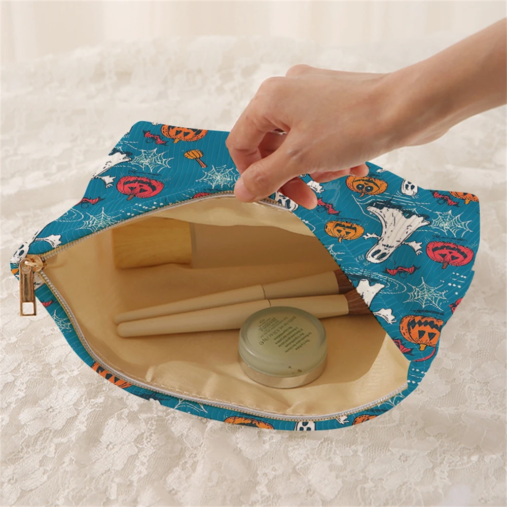 1 pumpkin and ghost patterned corduroy makeup bag, lightweight zipper makeup storage box, multifunctional bag with lining