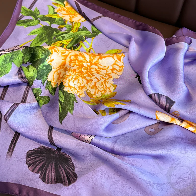 Purple Floral Print Silk Scarfs Women Men 70cm Square Scarves Female Hijab Soft Satin Neckerchief Casual Decorate Lady Neck Ties 4