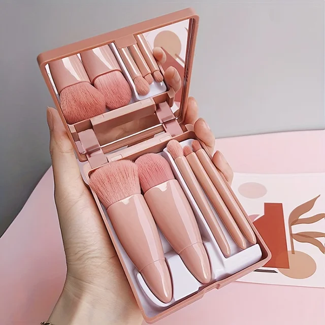 5Pcs Portable Makeup Brush Set With Mirror - Foldable Travel Kit ，Mini Makeup Brush Set Travel Makeup Brush Set 1