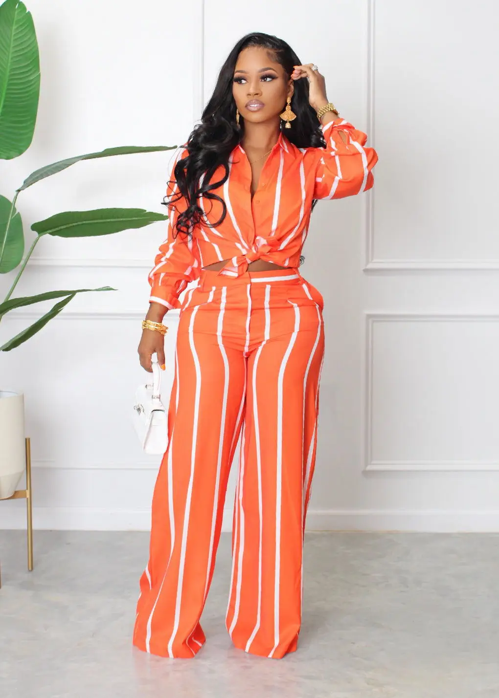 Chic Striped Two Piece Set Women Casual Lapel Long Sleeve Shirt Blouse Wide  Leg Straight Long Pants Suit Fashion Street Outifits| | - AliExpress