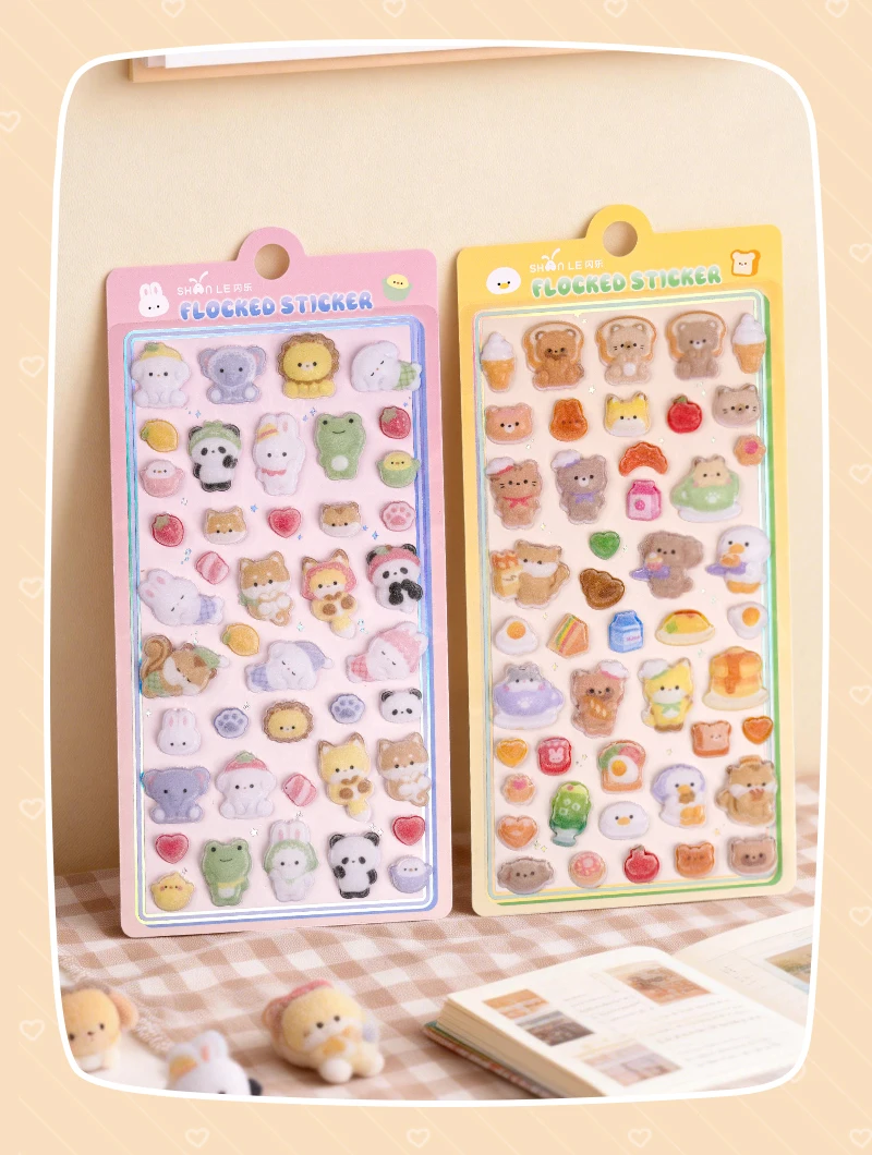 1 pc/6 pcs Cartoon Animals Flocked 3D Relief Stickers Journaling DIY Diary Cute Stationery Sticker Decor School Supplies