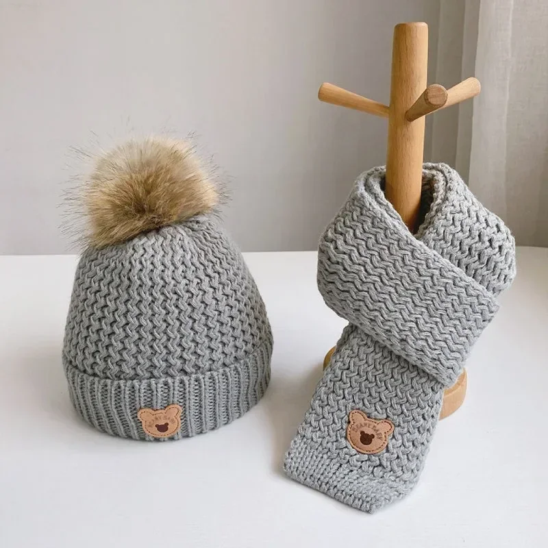 

Autumn Winter 2Pcs Newborn Baby Hats Scarf Acrylic Cute Bear Beanies Warm Infant Knitted Hats For Baby Boys Girls 0-6 Years Old