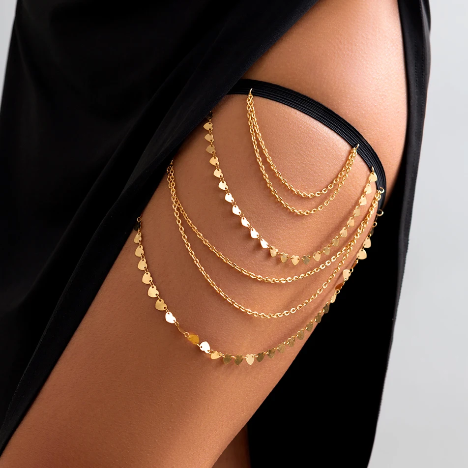 Boho sexy elastic bandage thigh leg chain for women bikini summer heart tassel necklace multi-layer lace body belt jewelry