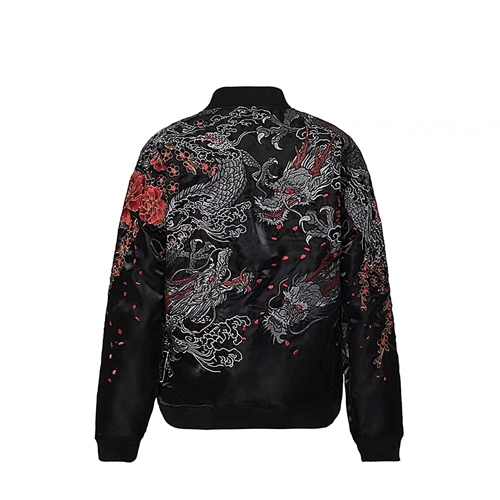 New Men Boys Black Dragon Peony Embroidered Reversible double-sided Sukajan Souvenir Jacket  2024 China Dragon Year Exclusive 5