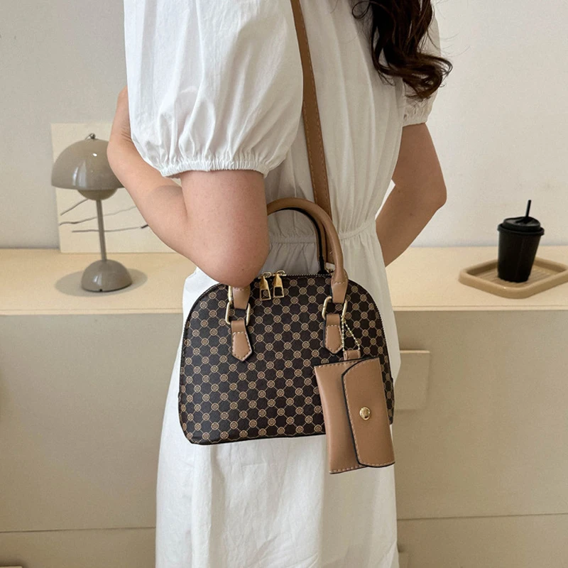 Luxury Shell Bag Fashion Women's Handbag Korean Style Shoulder Bag Plaid Print Crossbody Bag Shell Shape Wallet Card Bag