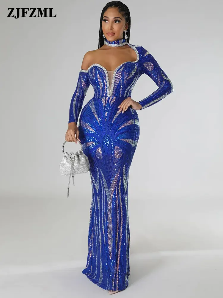 

Gorgeous Women Hot Drill Rhinestones Diamond Long Party Sequin Dresses Luxury One Shoulder Long Sleeve Evening Mermaid Vestidos