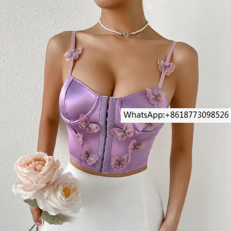 

New spring and summer European and American popular Syringa oblata lace breasted three-dimensional butterfly girl heart top 7135