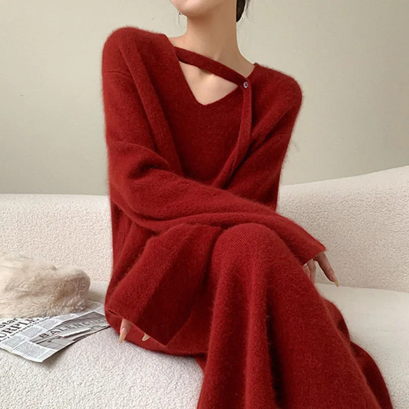 

2024 Women's Autumn/Winter Dress Women with High-grade Knit Base Sweater Long Skirt Slight Strech Polyester Black Dress