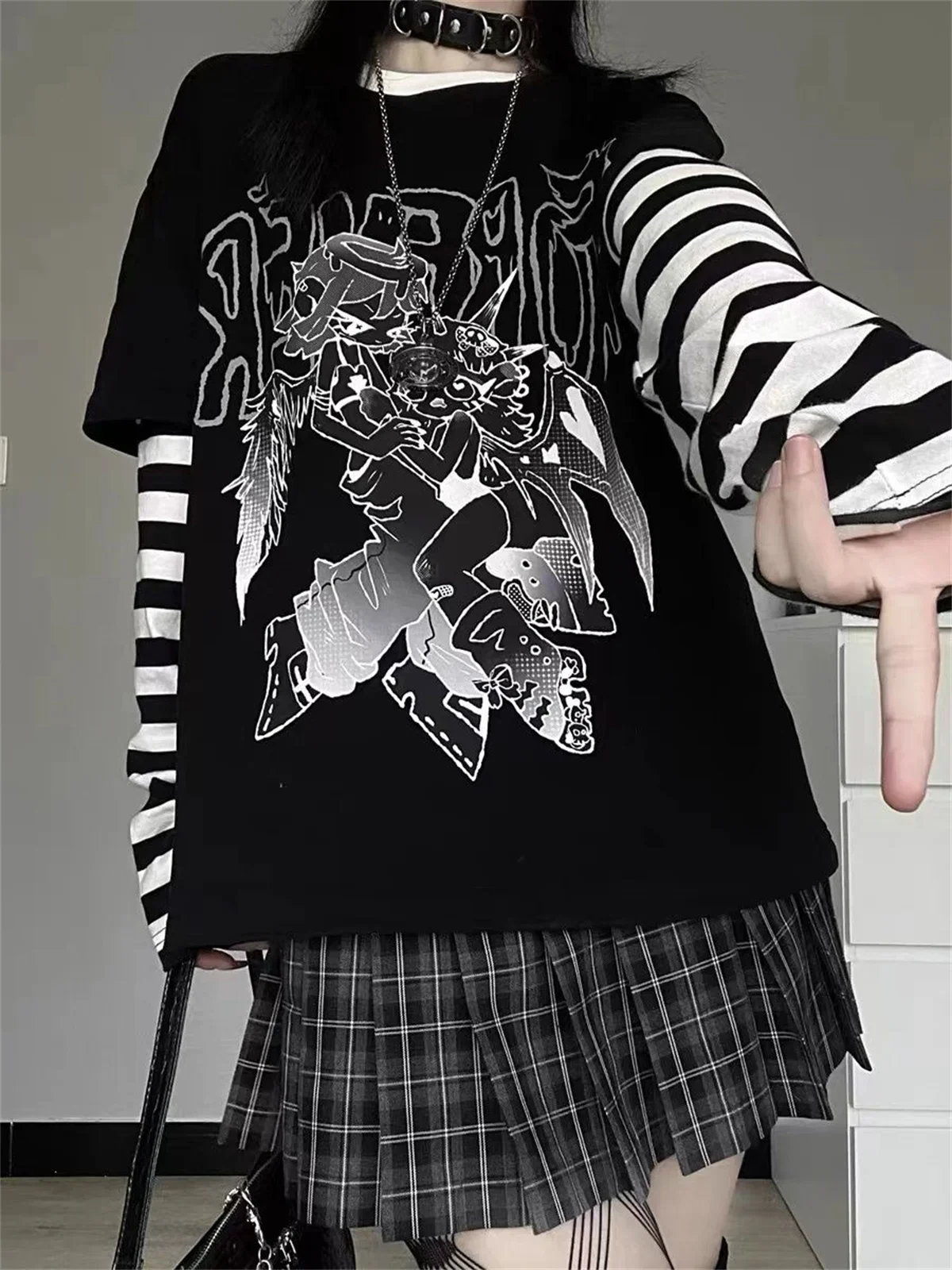 Mode Streifen Druck T-shirts Basic Tee Casual Übergroßen Patchwork Tops Langarm Gefälschte Zwei Stück Gestreiften T-shirt Tees Kleidung – Detail 4