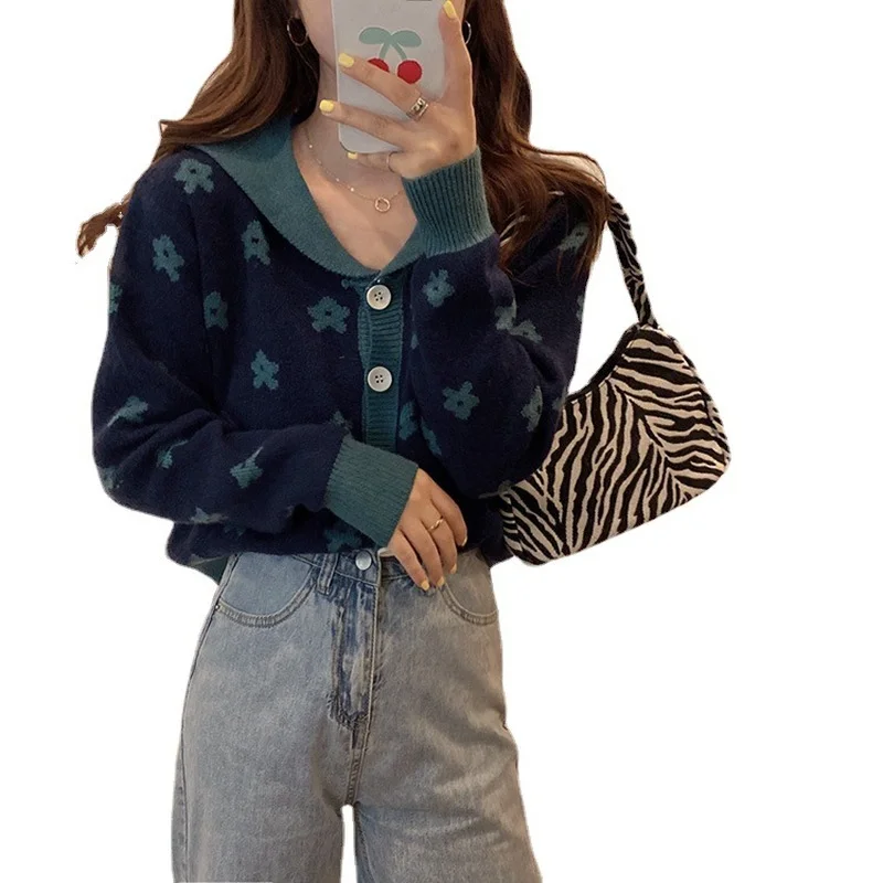 Women's Sweater Coat Fashion Contrast Color Flower Plush Long-sleeved Pullover Sweater Casual Half  Loose Lapel Autumnr New