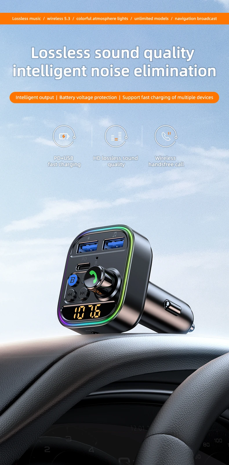 Bluetooth 5.3 FM Transmitter Wireless Bluetooth Car Adapter AUX Radio Receiver M