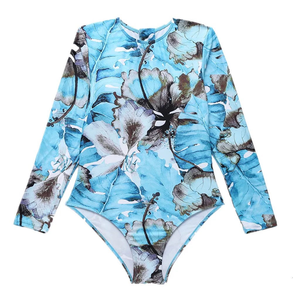 Hot Women's Surfwear One-piece Swimsuit Sexy Long Sleeve Printing Bikini Paded Beachwear  Swimming Bathing Clothes Swimwear