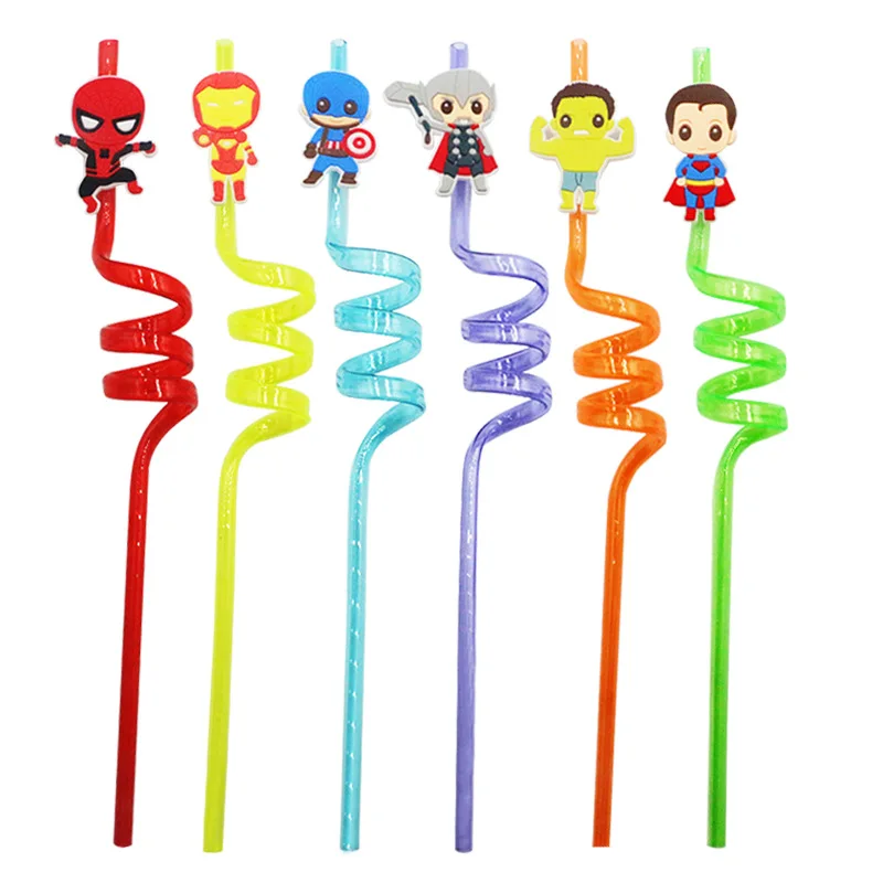 5pcs Disney Marvel Cartoon Anime Figure Drinking Straw Spiderman Iron Man  Reusable Straws Children's Birthday Party Supplies