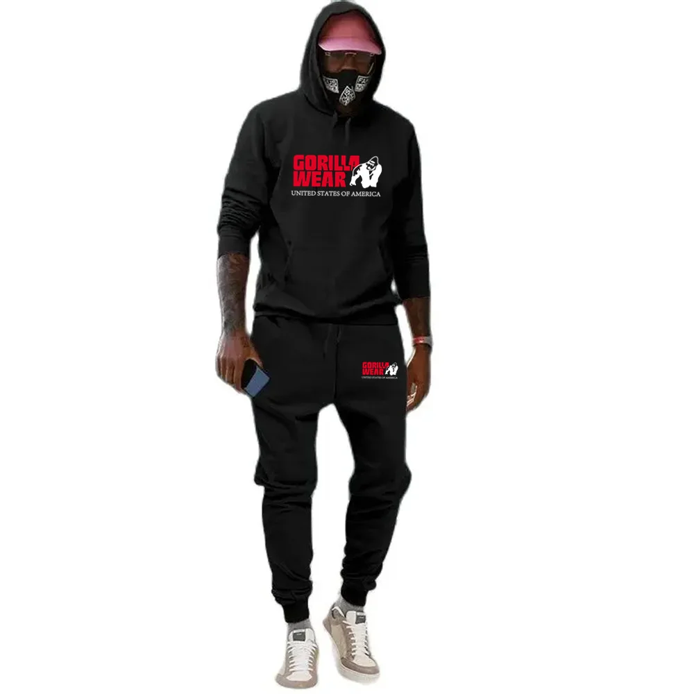 Autumn Winter Men's Sets Funny Graphics Gorilla Wear Printed Plus Fleece Fashion Hoody Men Hoodies Sweatshirts Sweatpants Suit 2