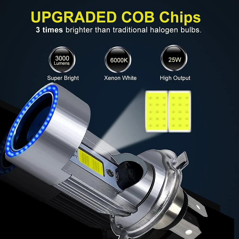 H4 LED Headlight Bulb Motorcycle Hi/Lo Beam with Angel Eye Daytime Running Light 25W 3000LM Super Bright 6000K motorcycle led headlight