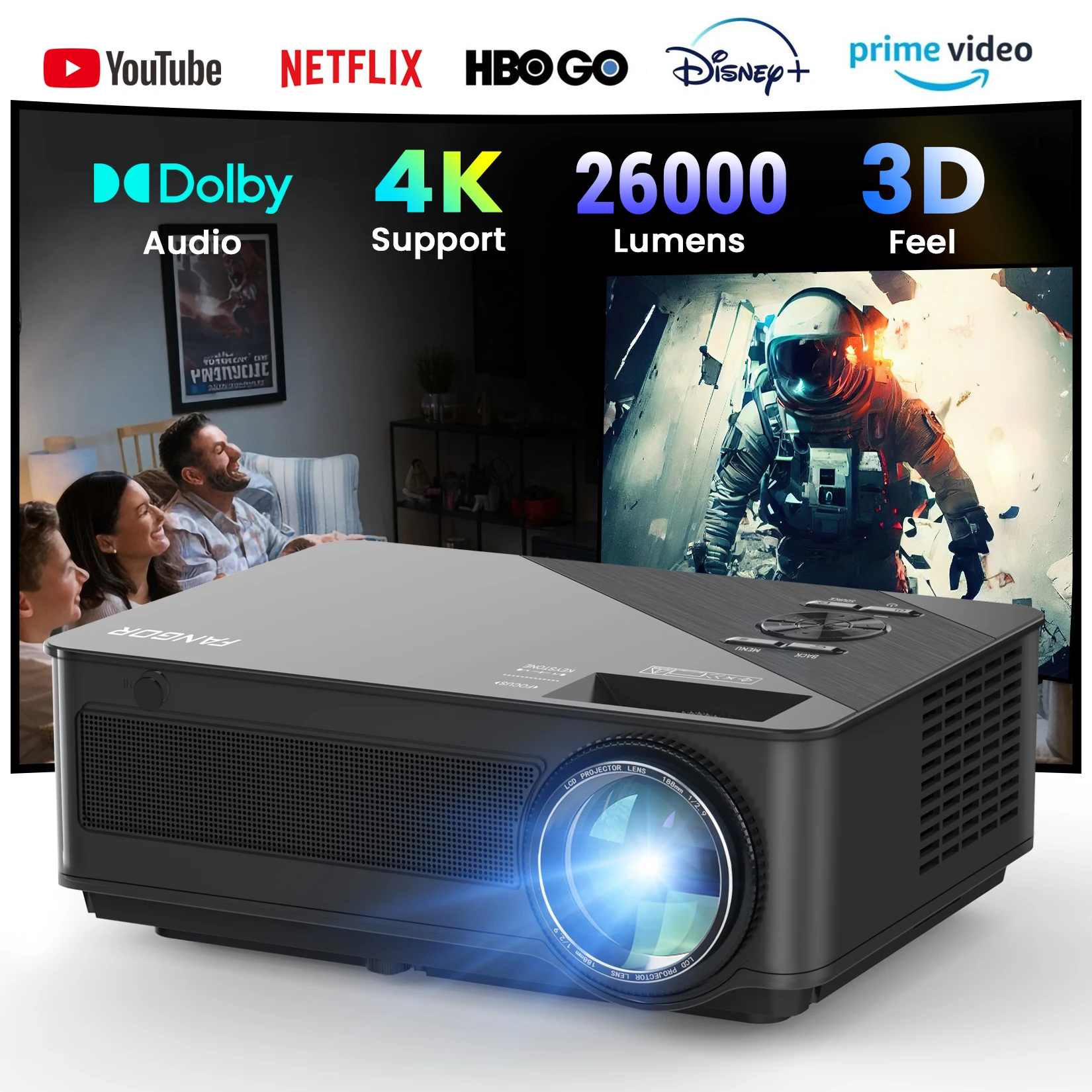 FANGOR 26000 Lumens 4K Projector Smart Wifi BT Projectors Full HD 1080P Native Video Dolby Audio Home Outdoor Theater Beamer