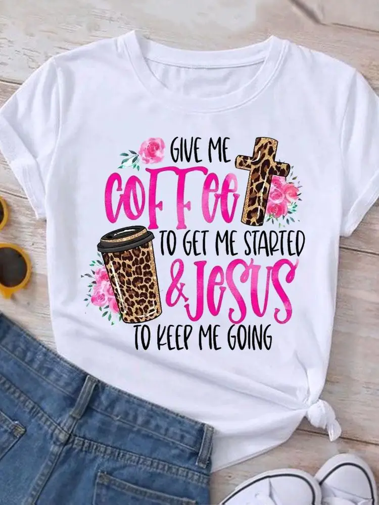 

Graphic T Shirt Summer Tee Clothing Fashion Clothes Women Flower Floral Faith Letter Short Sleeve T-shirt Cartoon Female Top