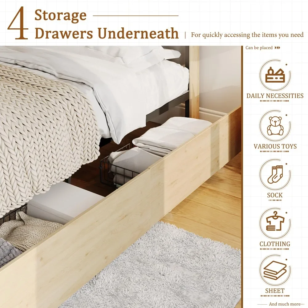 Rattan Queen Size Bed Frame with Wooden Headboard and 4 Storage Drawers, Platform Bed, No Box Spring Needed 4