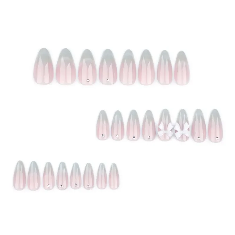 Fake Nails French Nails False Nails 24pcs Sweet Cat's Eye Almond Press-On Nails 3D Bow and Rhinestone Embellishments Full Coverage for Women