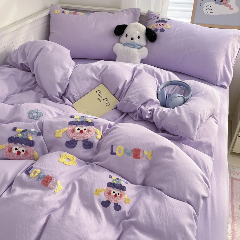 보라색 세탁 침구 세트, 면 수건 자수 작은 인형, 기숙사 골판지 이불 커버 이불 세트, 4 피스 세트
