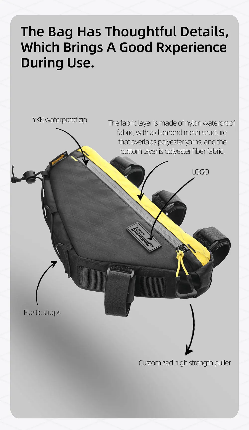 Rhinowalk Fahrrad-Frontrahmentasche, wasserabweisend, 1,7 l/2,4 l/2,9 l, Bikepacking für MTB und Rennrad, Radfahren, dreieckiger Querträger-Pack – Detail 12