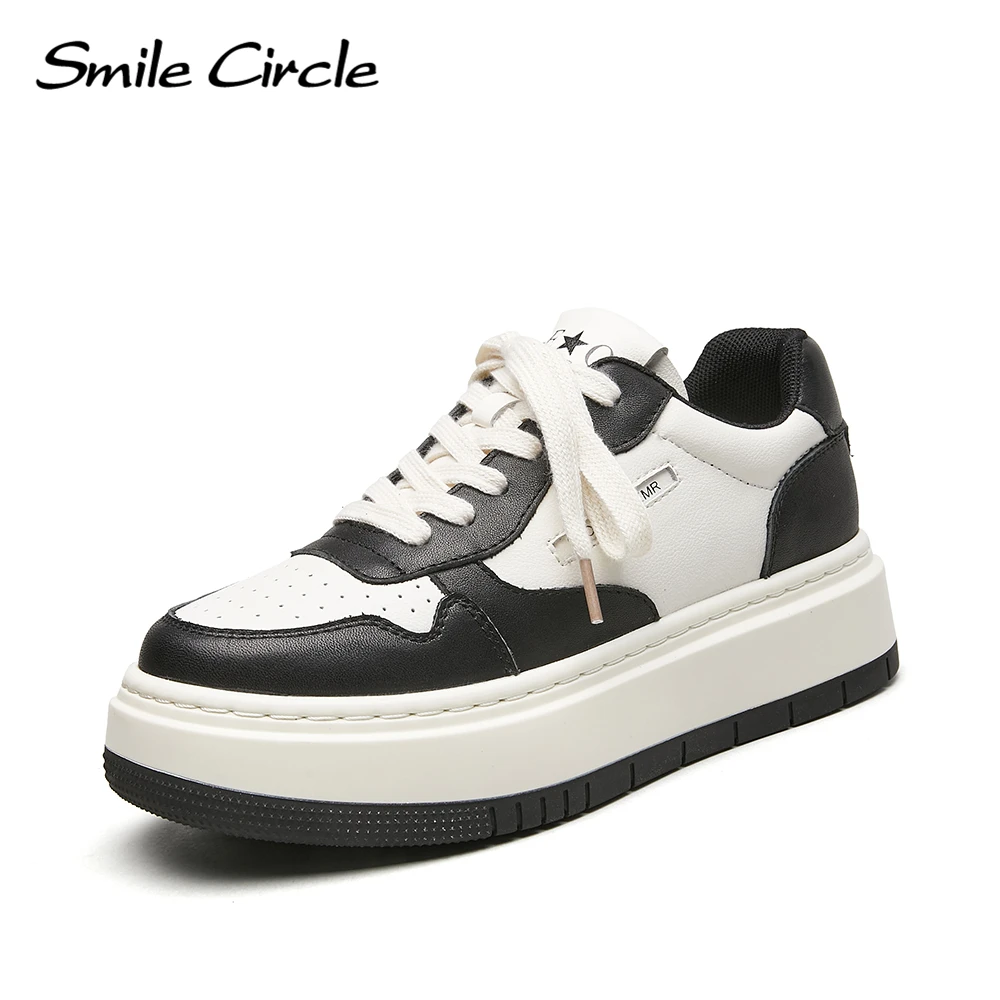 

Smile Circle Sneakers Women Genuine Leather Flats Platform Shoes Round toe Lace-up Chunky Sneakers Women's Trainers