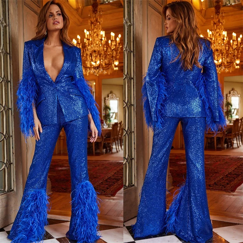

Ostrich Feather Blue Women Suits Pants Set 2 Pcs Bling Sequins Split Sleeves Prom Dress Wedding Tuxedo conjuntos de pantalón