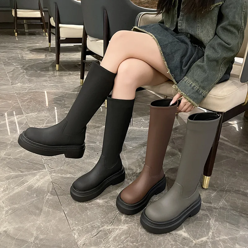 

сапоги женские обувь на платформе туфли женские на каблуке Женские рыцарские ботинки, однотонные ботинки в Корейском стиле с круглым носком, на толстой подошве, с молнией сзади, удобные ботинки на высоком каблуке