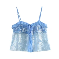 Zevity 2024 Women Chic Pleat Ruffles Sequined Design Chiffon Sling Camis Tank Lady Backless Short Crop Shirt Blouse Tops LS7195 - Image 5