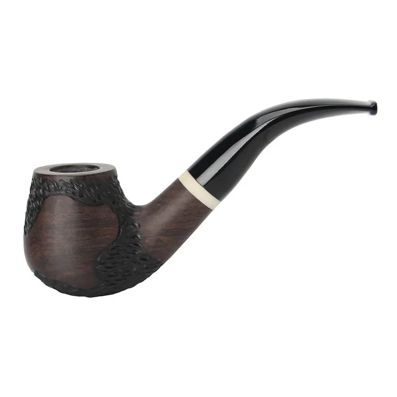 

MUXIANG-Ebony Wooden Carved Smoking Pipe, Curved Handle, Imitation Ivory Ring, 9mm Filters, Free 10 Pipe Tools, wgac0024k01