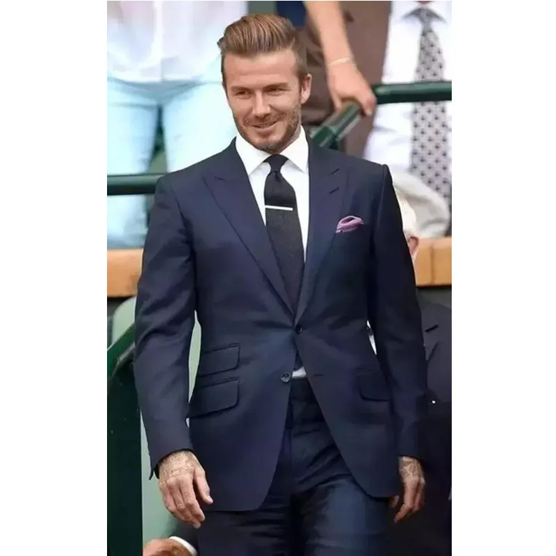 

Peak Lapel Dark Blue Men Suit Set Slim Fit Groomsmen Groom Tuxedos Smart Casual Men Suits For Prom Wedding (Jacket+Pants)