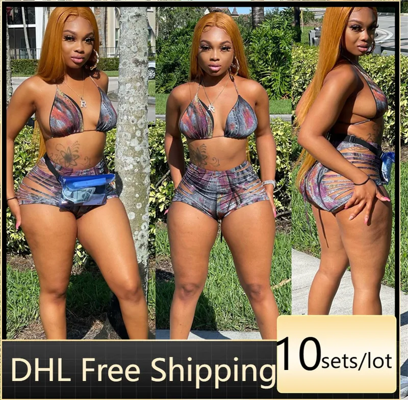 

Sexy Women's Tracksuit Hollow Out Backless Floral Two-piece Set Super-short Lace Top and Shorts Wholesale Outfits for Summer