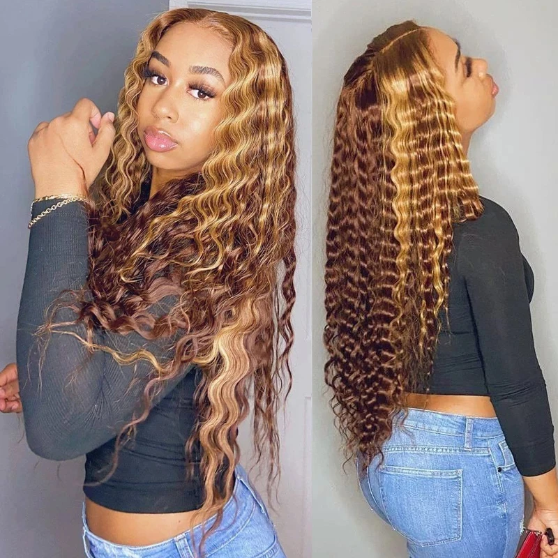 

Curly Human Hair Wig Honey Blonde Ombre 13x1 Brazilian Brown Color Deep Water Wave Hd Frontal Highlight Bob Lace Front Wigs