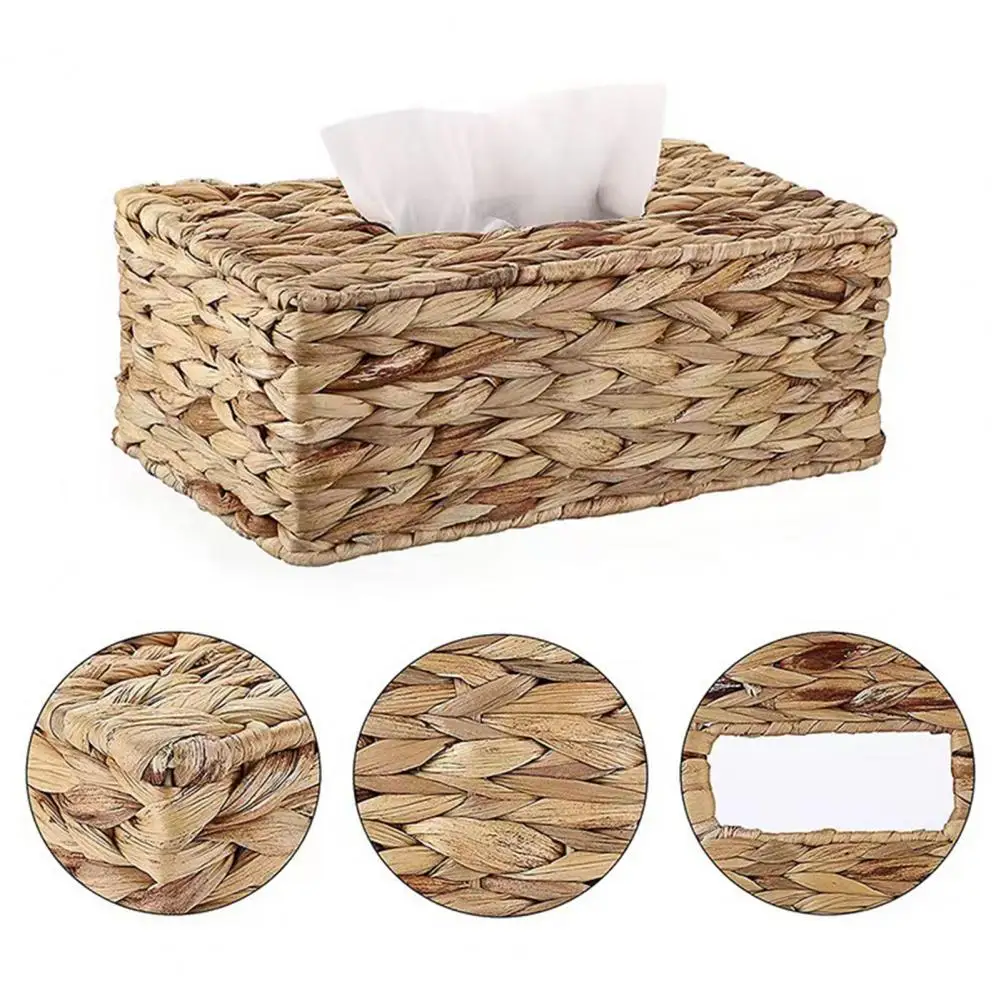 Tissue Box Holder Water Hyacinth Handwoven Straw Basket Natural Wicker Napkin Dispenser Square Facial Tissue Organizer For Table
