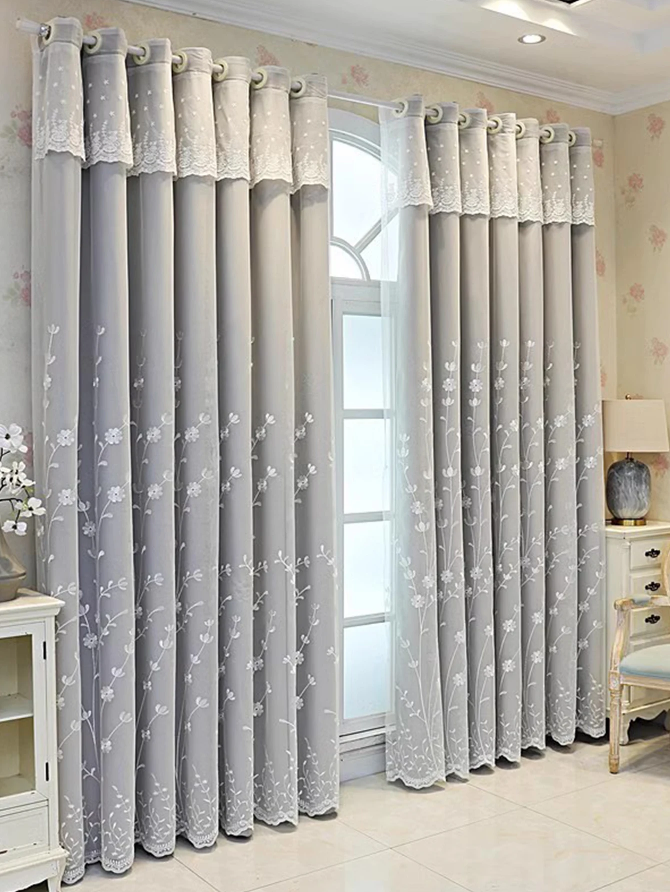 

Curtains, blackout fabric, gauze, integrated double-layer living room, bedroom, simple and modern embroidered curtain