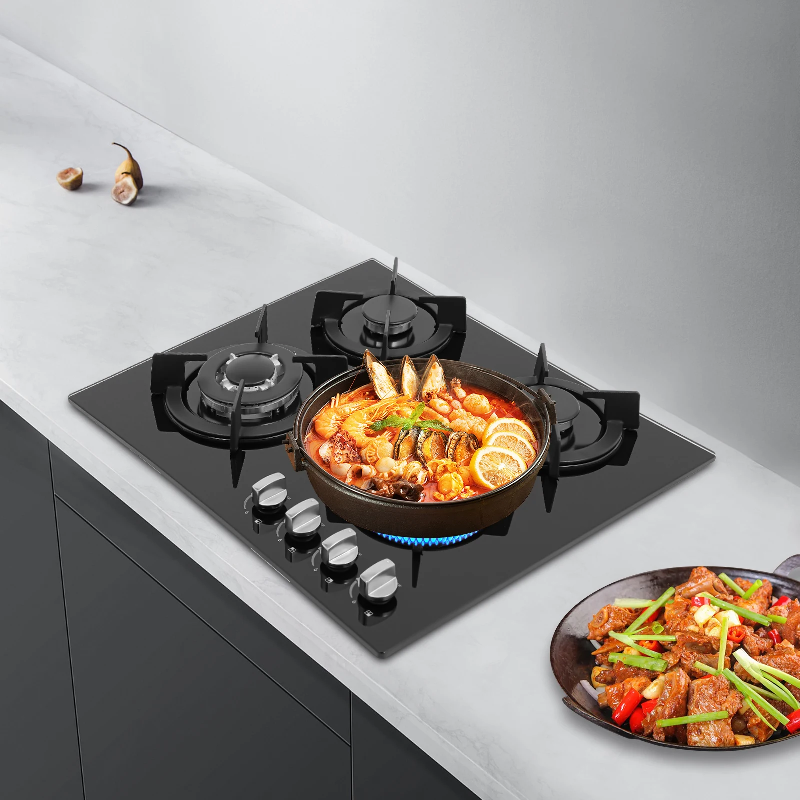 Modern Black 2/4 Burner Gas Cooktop with Toughened Glass Kitchen Countertop Stove Adjustable Firepower for Cooking