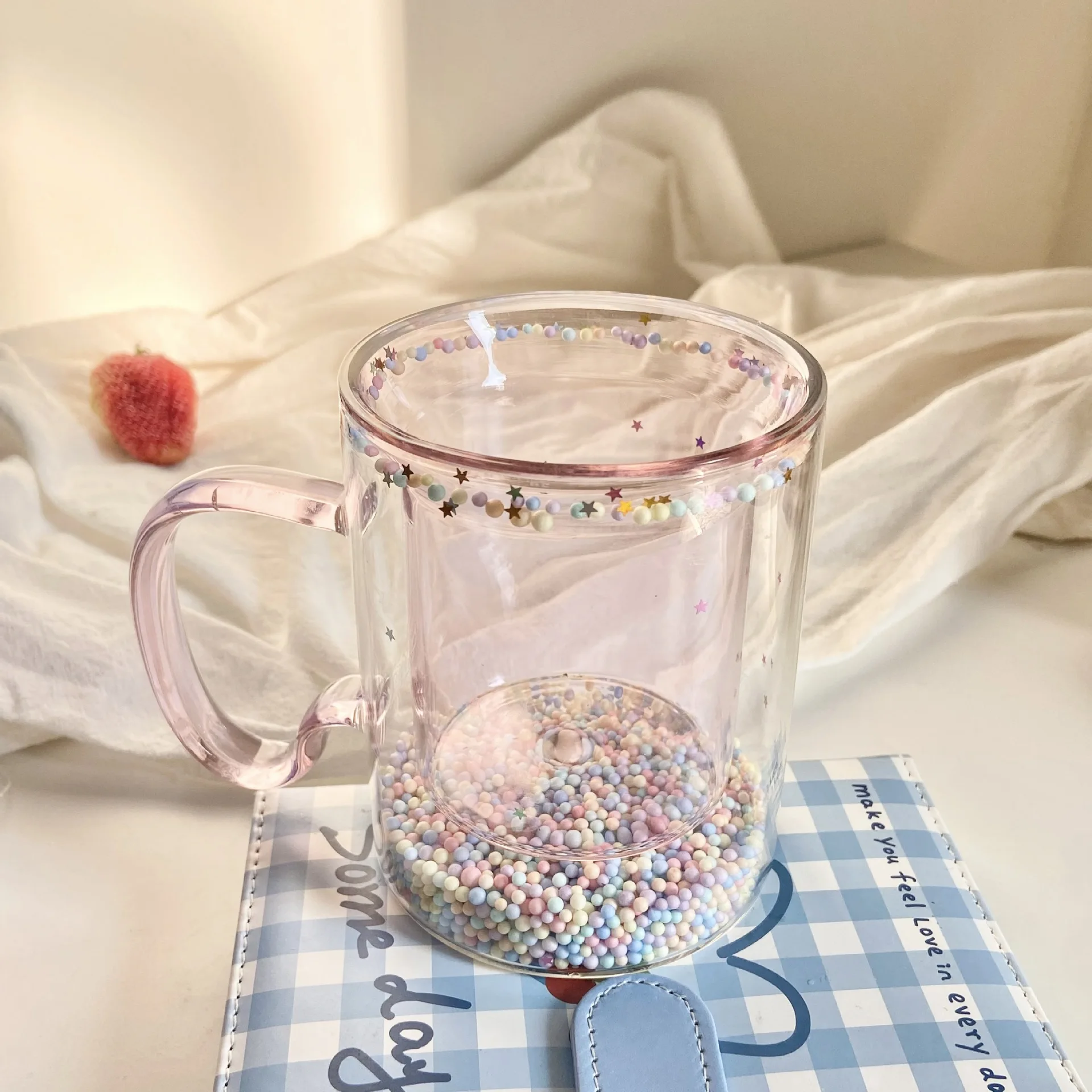 Girly Heart Bubble Mug Double Glass Cup Star Sequin Double Coffee Milk Cup Resistant Tropical Handle Gift Small Gift
