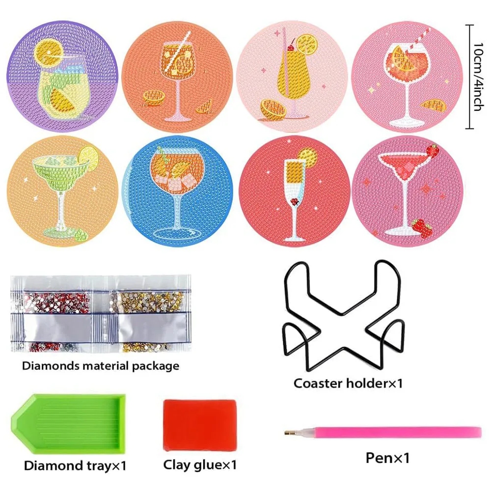 8PCS Retro Diamond Painting Coaster Kits Vintage Cocktail Diamond Art Coasters with Holder 5D DIY Full Drill Art Kits