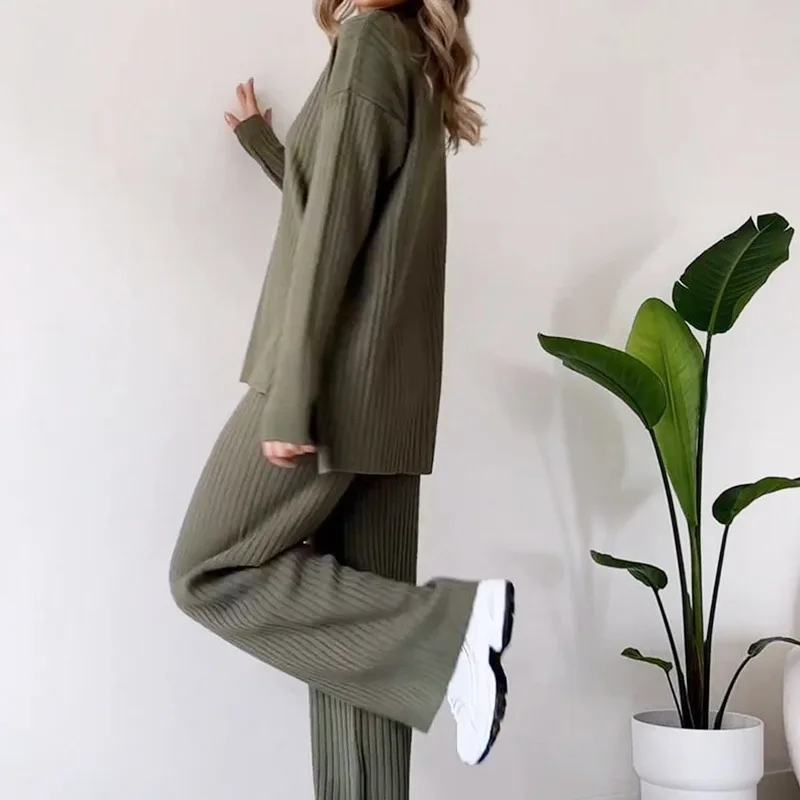 Two Pieces Women Pant Sets Solid Turtleneck Tops Pullover Wide Leg Ankle Length Pants Matching Sets Pockets Sports Casual 3